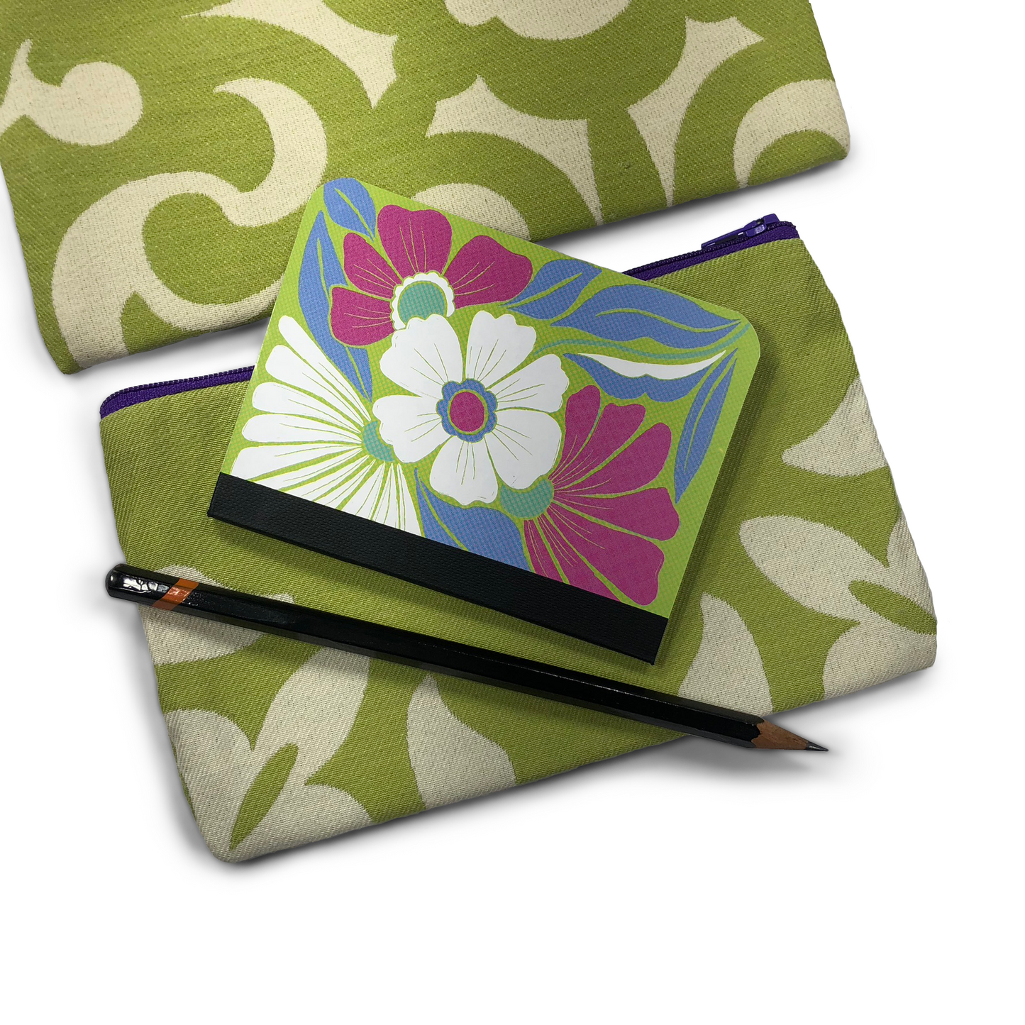 MINA Zippered Pouch Set - Green White Floral Paisley