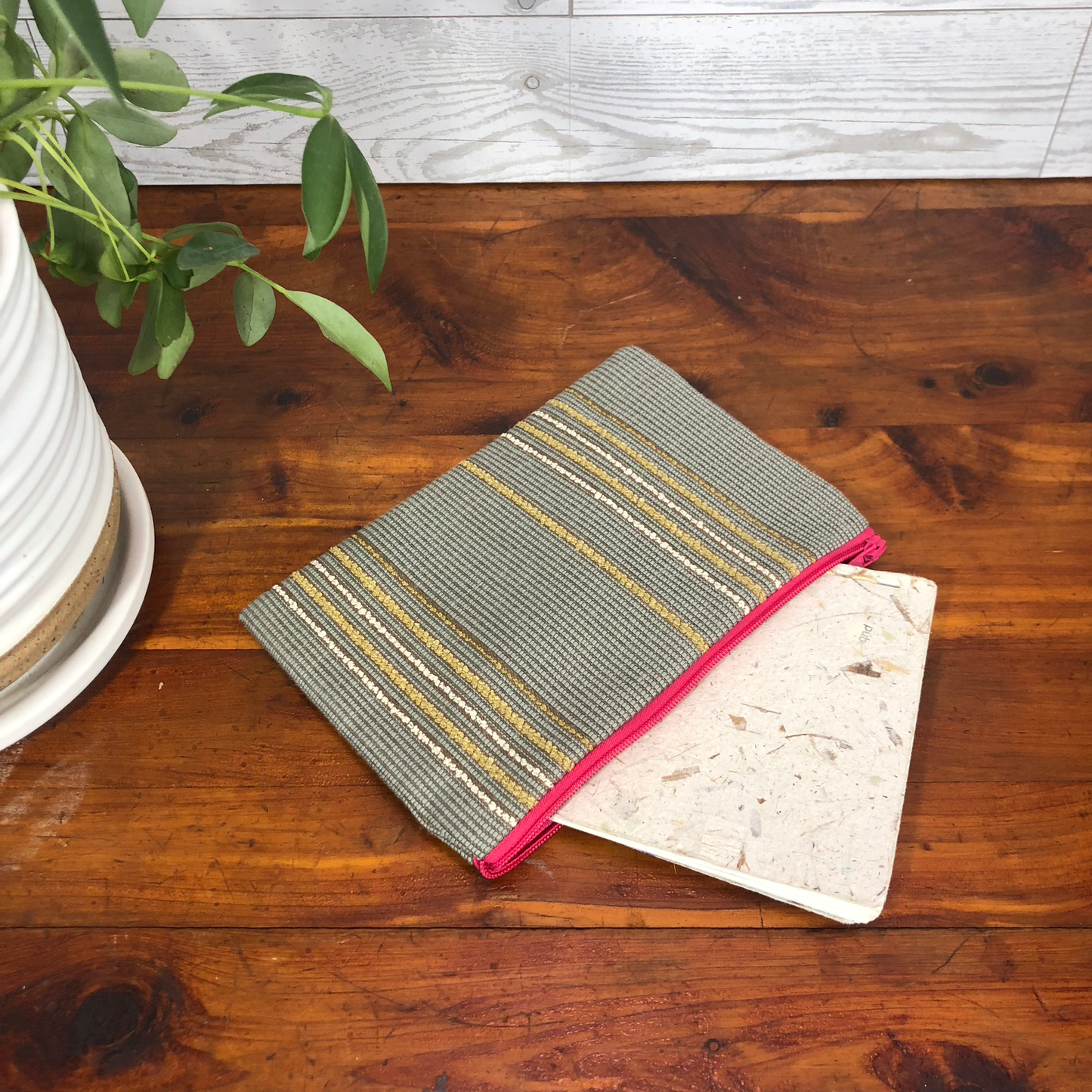 MINA Zippered Pouch - Tan & Gold Vertical Stripe / Gray