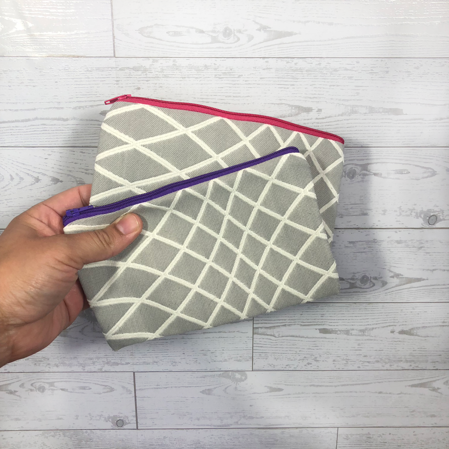 MINA Zippered Pouch Set - Gray White Diamond