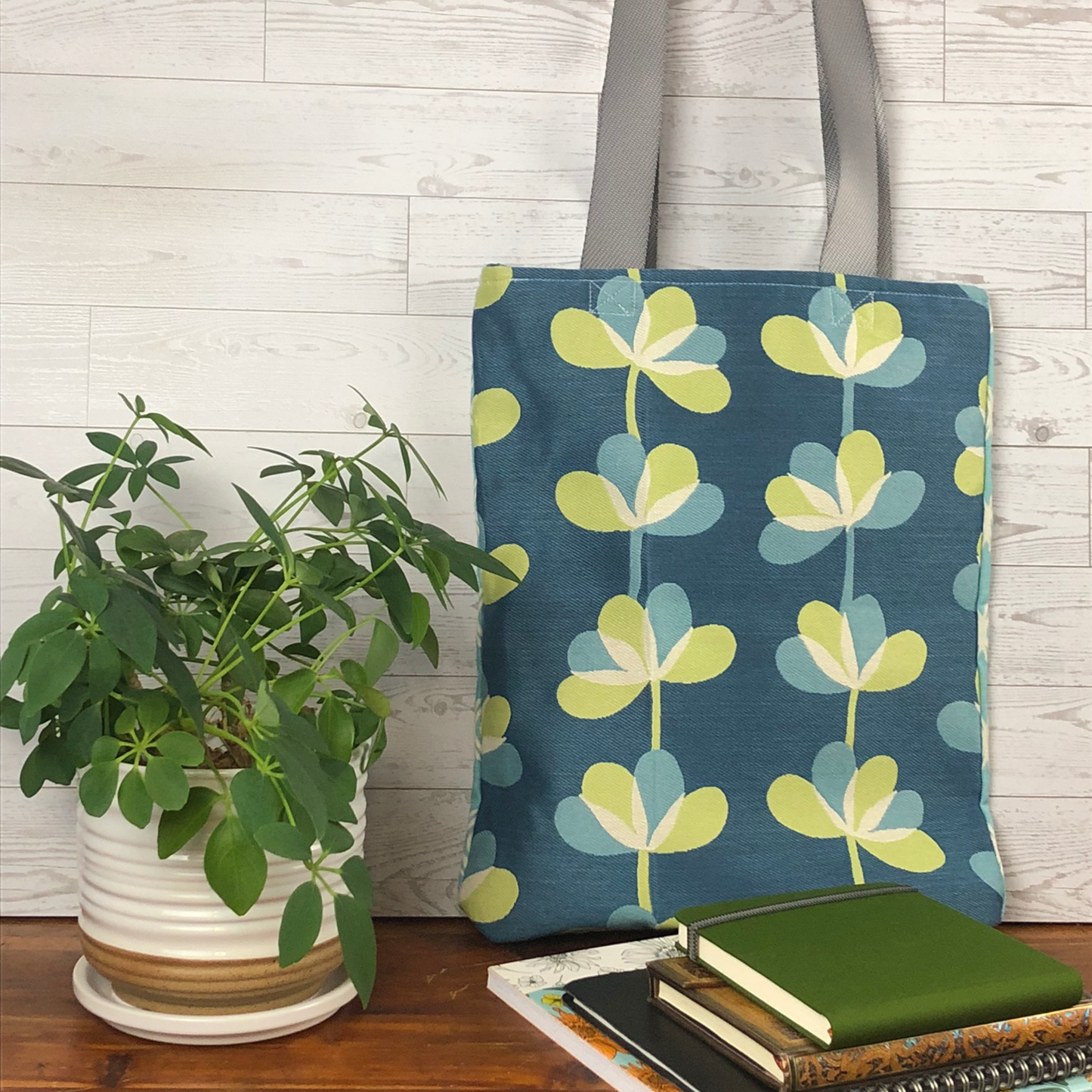 MINA Tote Bag - Teal Lattice/Flowers
