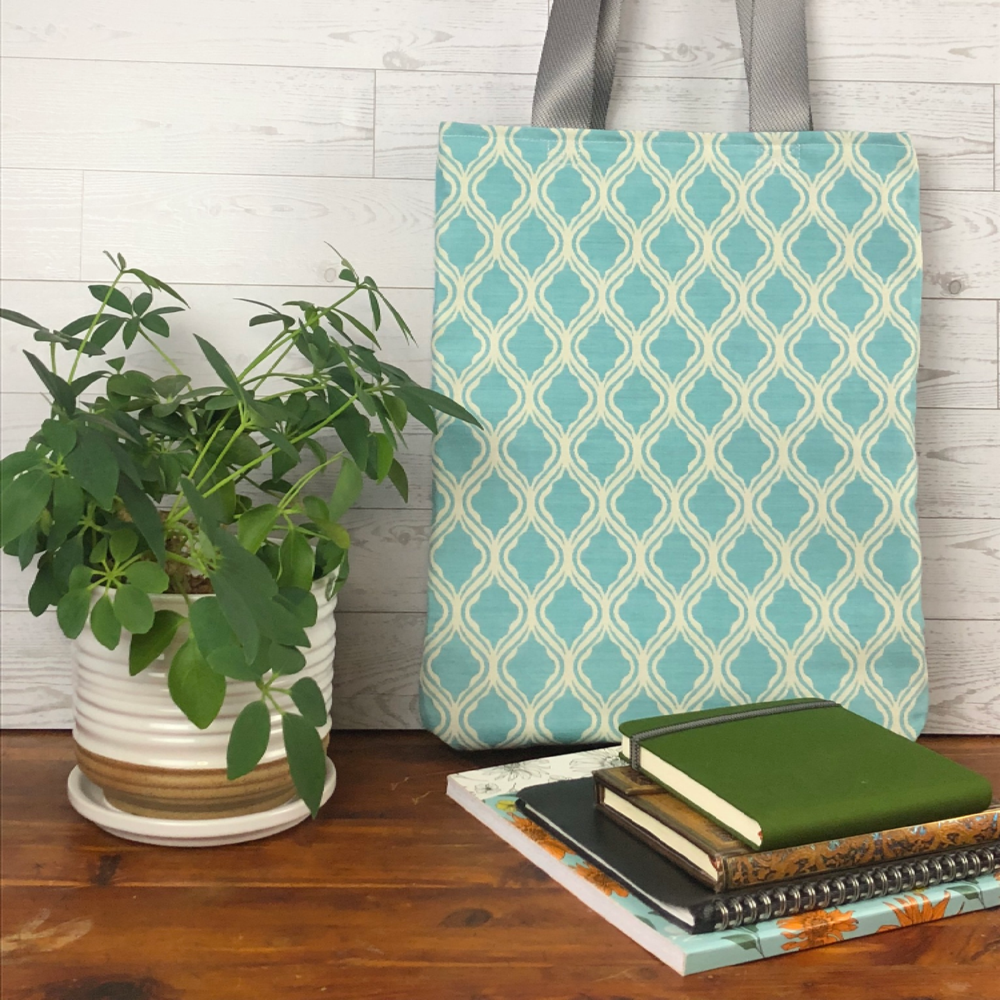 MINA Tote Bag - Teal Lattice/Flowers