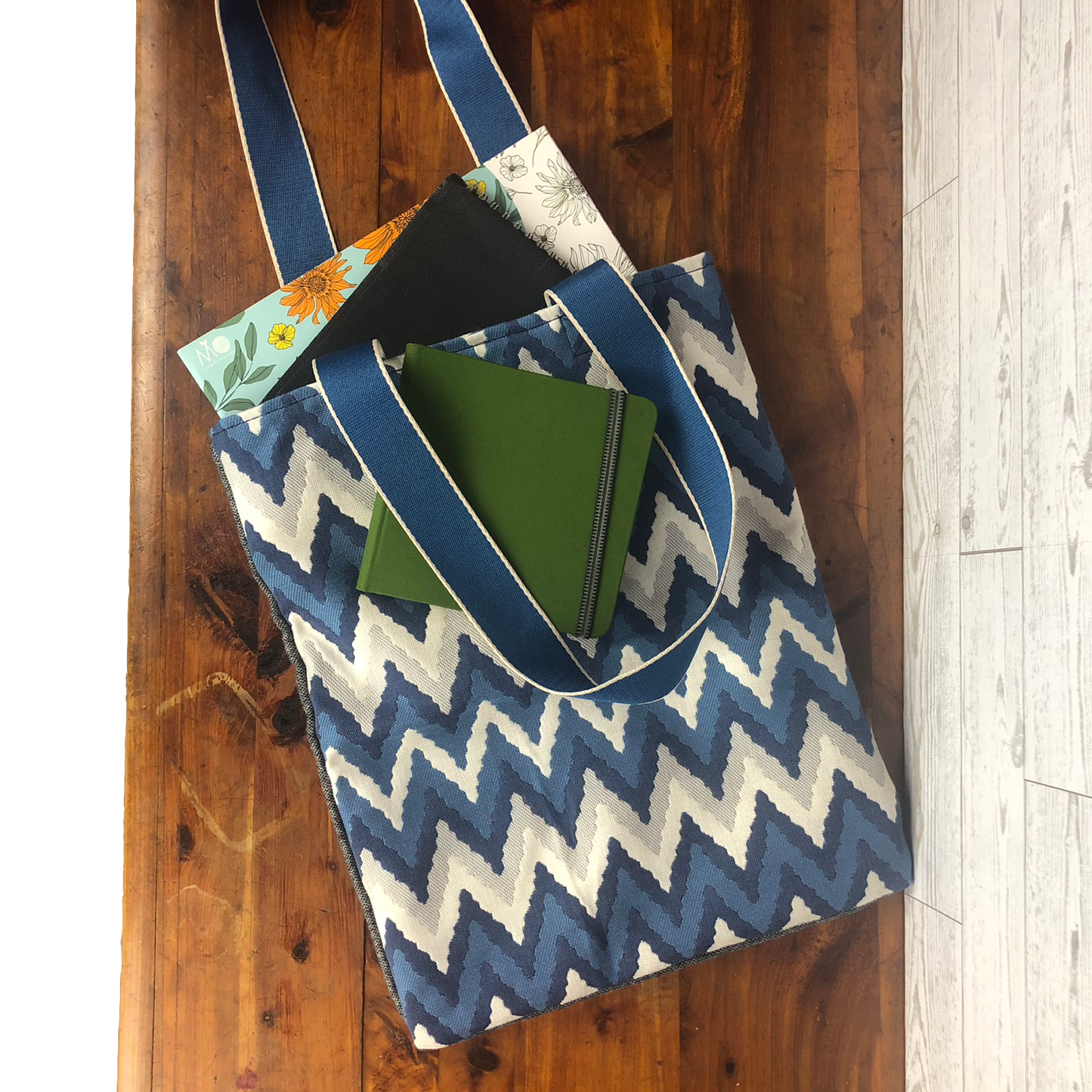MINA Tote Bag - Blue Zig Zag/Heathered Gray