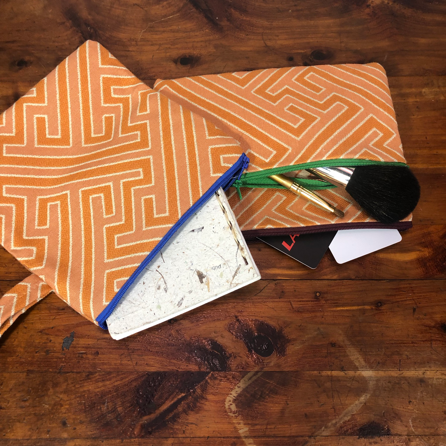 MINA Zippered Pouch Set - Orange Greek Key Maze