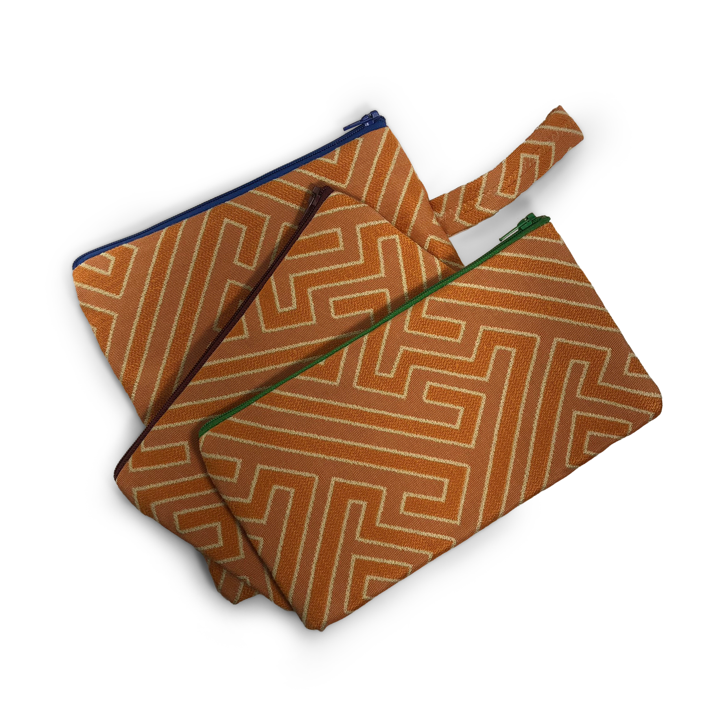 MINA Zippered Pouch Set - Orange Greek Key Maze
