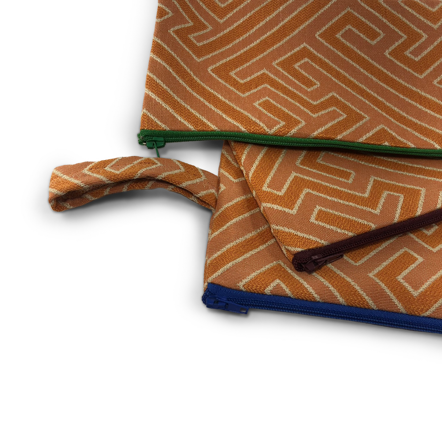 MINA Zippered Pouch Set - Orange Greek Key Maze