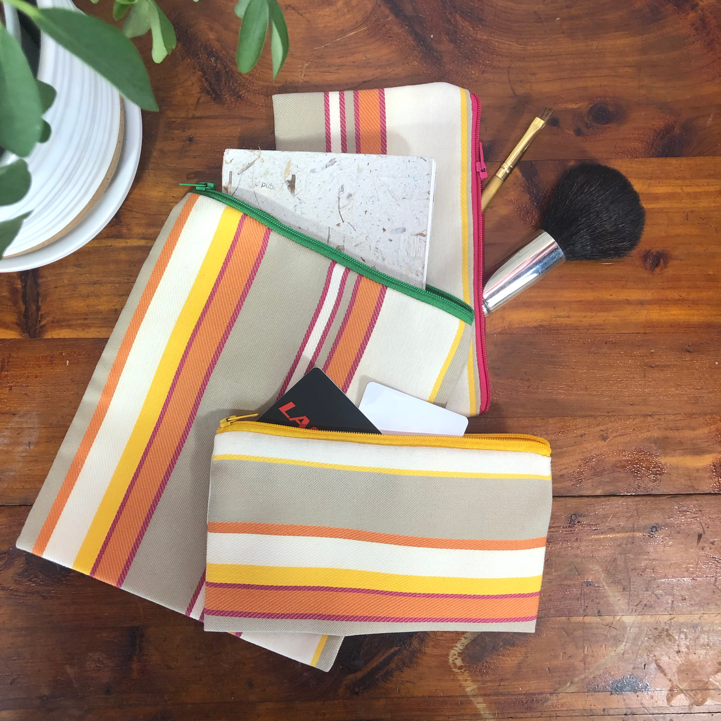 MINA Zippered Pouch Set -Pink Orange Gray Striped