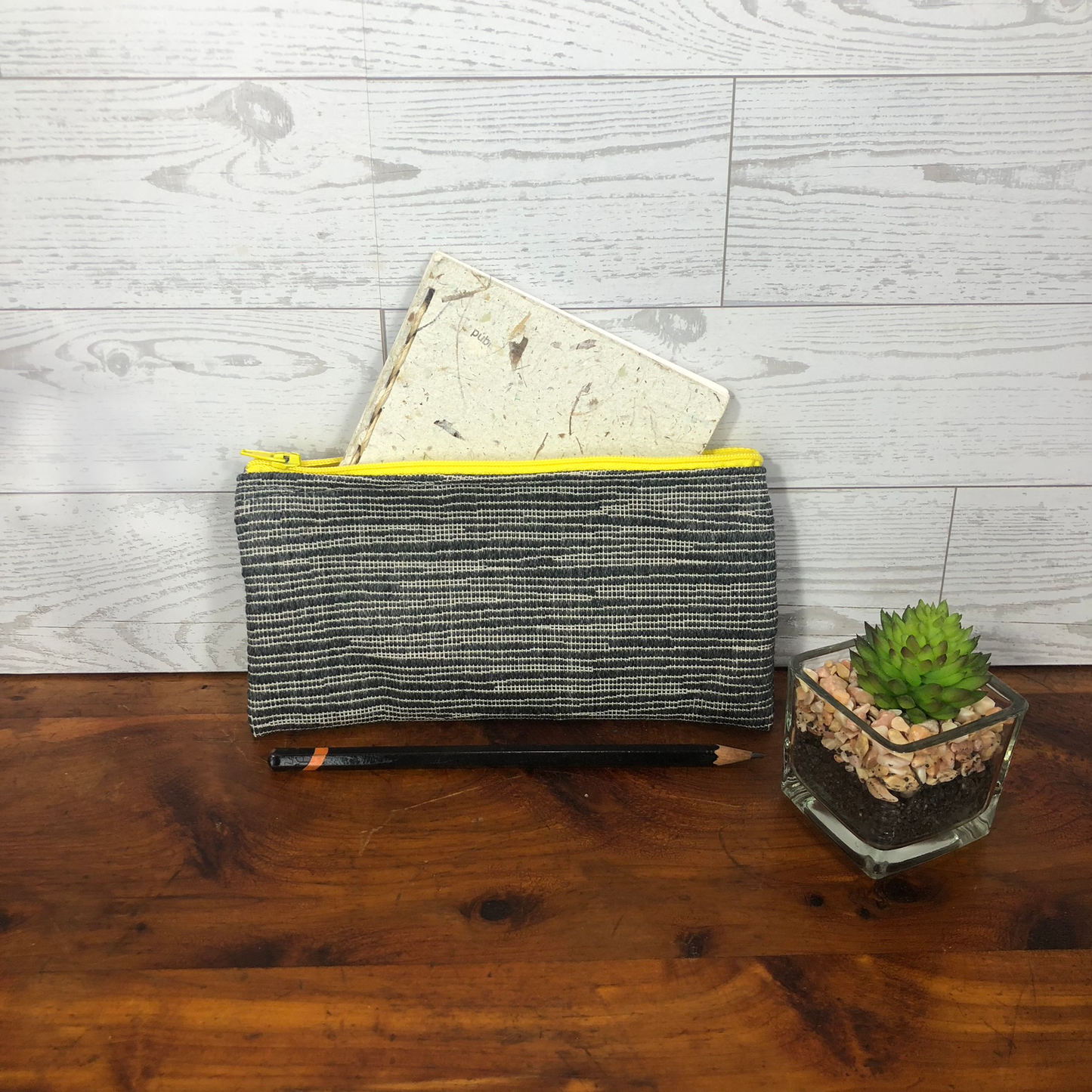 MINA Zippered Pouch - White Gray Striped